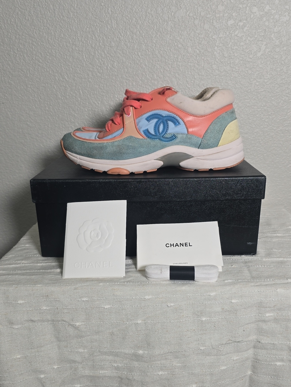 CHANEL Multicolor Leather & Suede Sneaker with Coral and Blue Accents